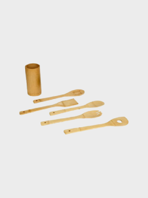 Bamboo Kitchen Tool Set Of 5-Piece With Stand Brown