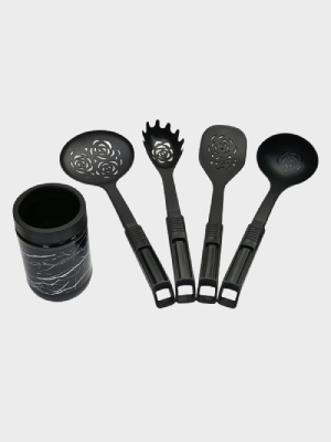 Kitchen Cooking and Serving Spoons Set-of-4 With Jar Black